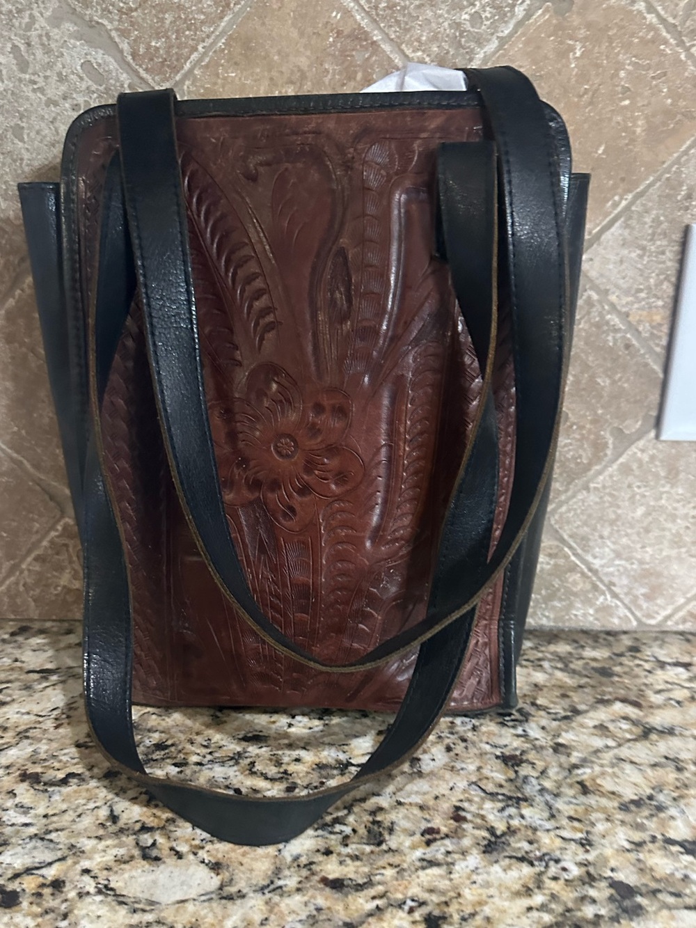 Vtg Leaders In Leather Floral Tooled Embossed Brown Black Shopper  Purse  GUC